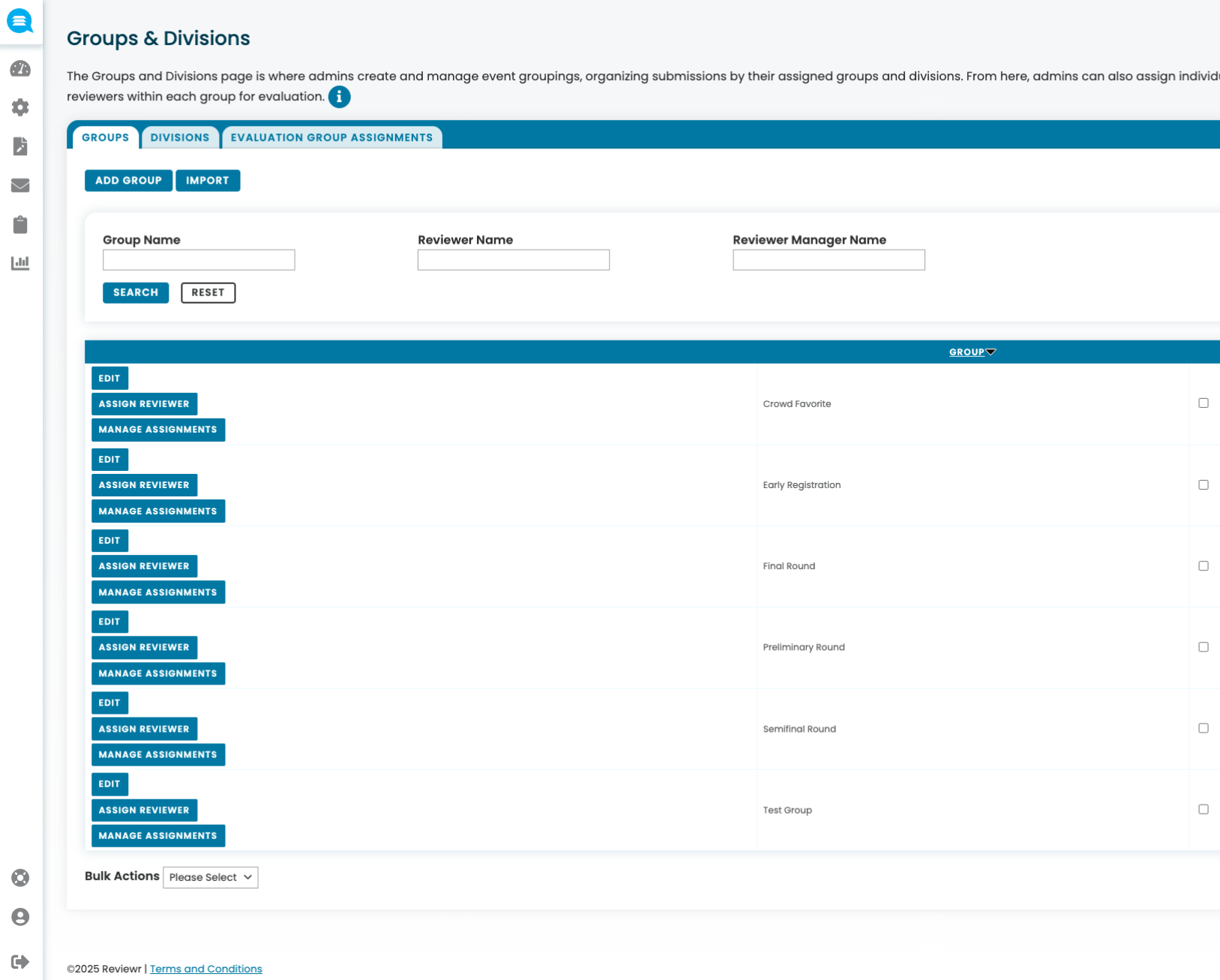 Groups & Divisions admin page showing list of groups with options to edit, assign reviewer, and manage assignments including Crowd Favorite, Early Registration, Final Round, Preliminary Round, Semifinal Round, and Test Group.