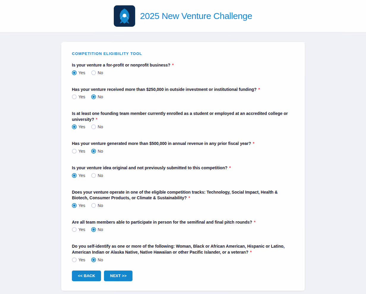 2025 New Venture Challenge competition eligibility tool with questions about business status, funding, team enrollment, revenue, originality, competition track, participation, and self-identity.