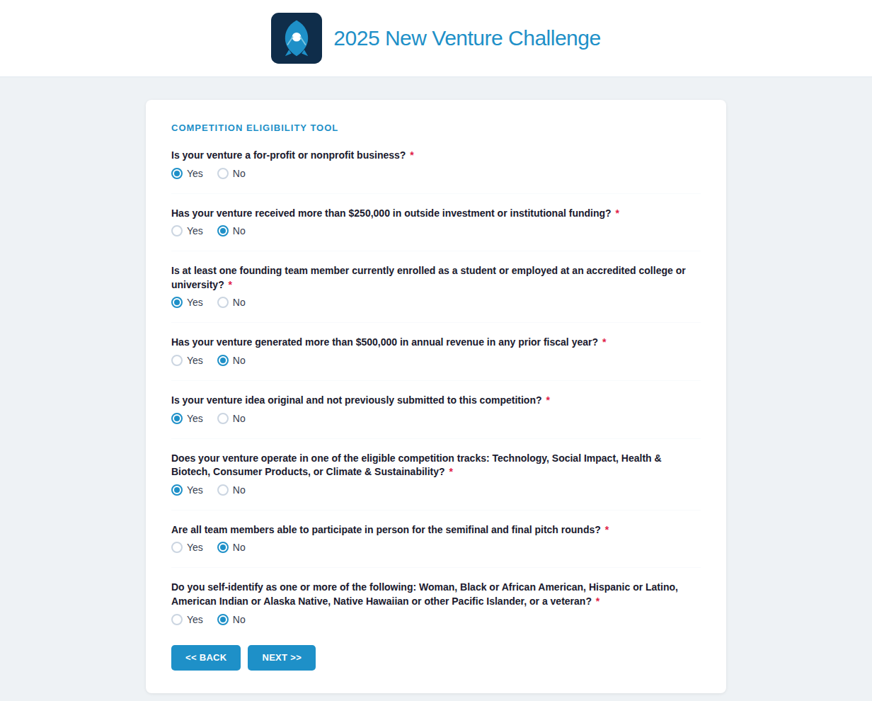 2025 New Venture Challenge competition eligibility tool with questions about business status, funding, team enrollment, revenue, originality, competition track, participation, and self-identity.