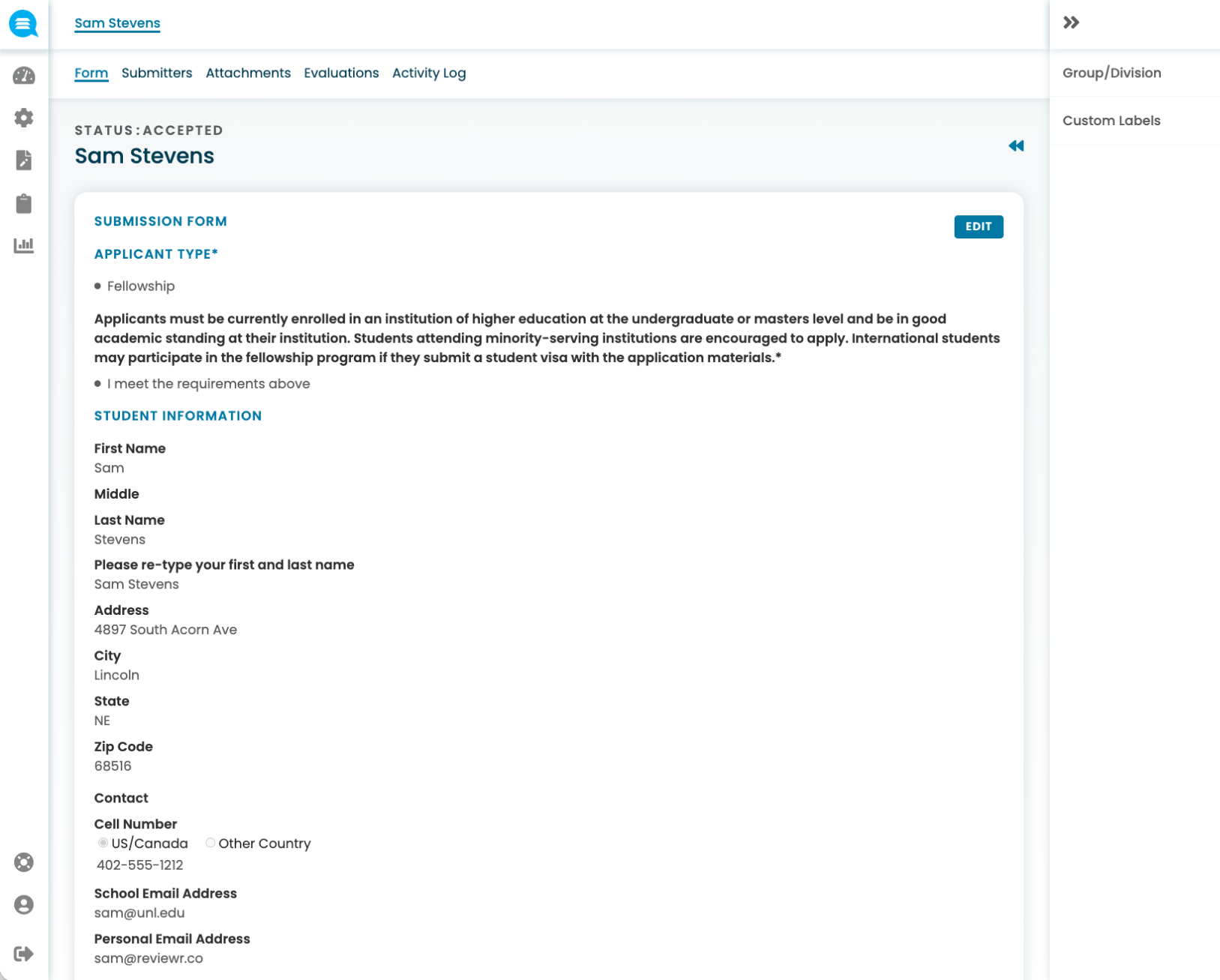 Online fellowship application form for Sam Stevens including student information, contact details, and submission instructions.