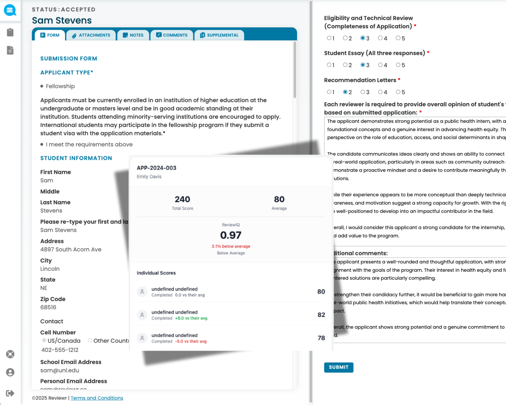 Online fellowship application form for Sam Stevens with eligibility criteria, student information, and recommendation review scores overlay showing total score 240, average 80, and detailed reviewer scores.