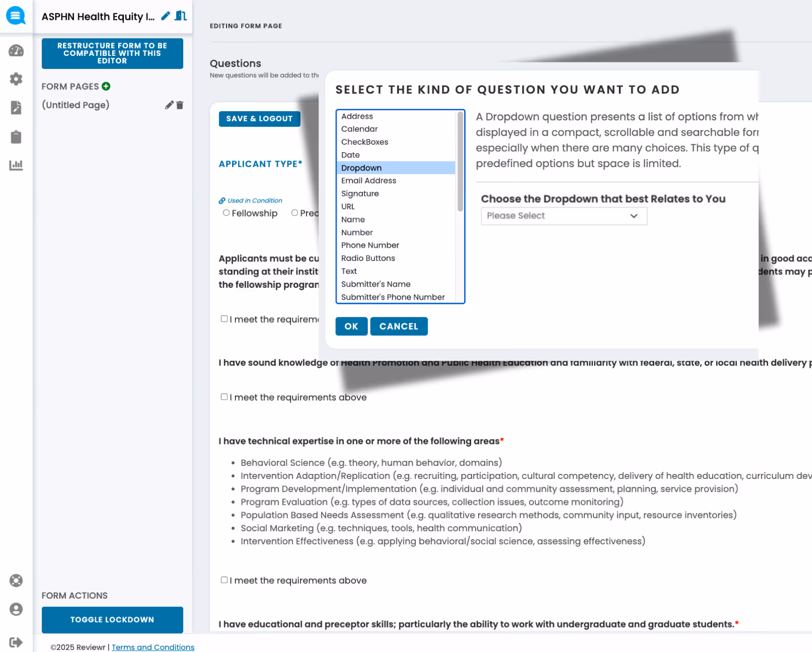 User interface of a form editor showing selection of question type dropdown with options like Address, Calendar, CheckBoxes, and explanation of dropdown question usage.