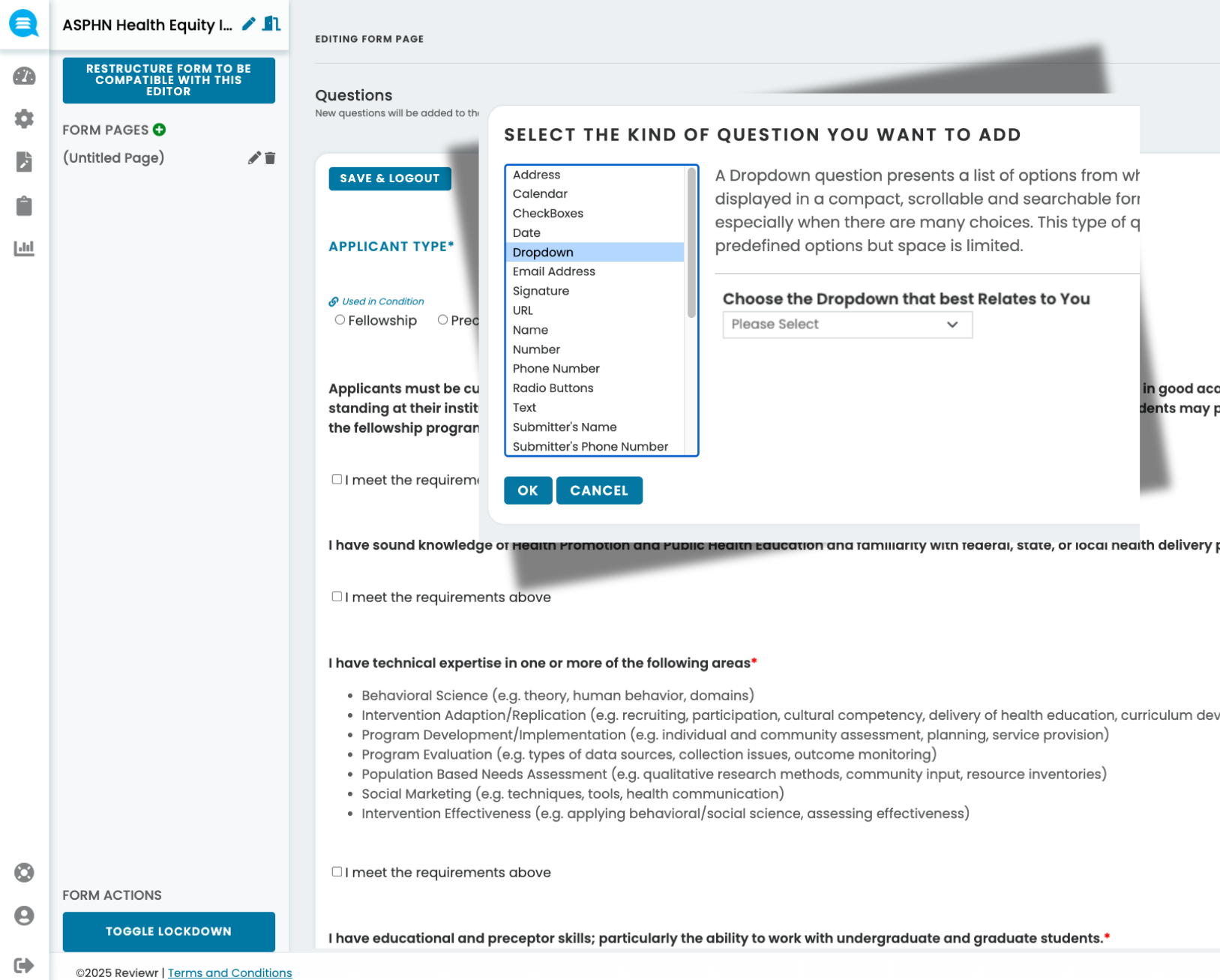User interface of a form editor showing selection of question type dropdown with options like Address, Calendar, CheckBoxes, and explanation of dropdown question usage.
