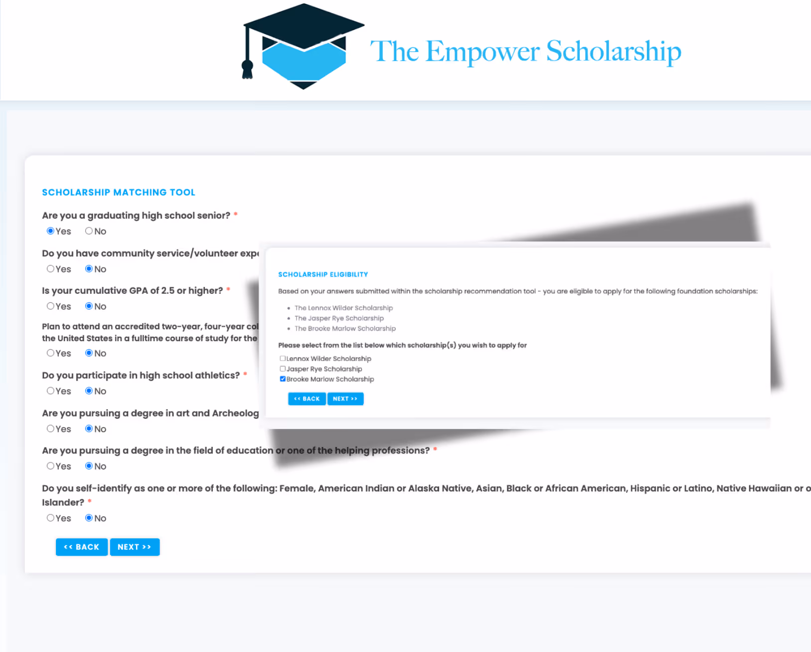 The Empower Scholarship logo above a scholarship matching tool form with questions about graduation status, community service, GPA, college plans, athletics, degree plans, and identity, alongside a scholarship eligibility pop-up listing three scholarship options with checkboxes and navigation buttons.
