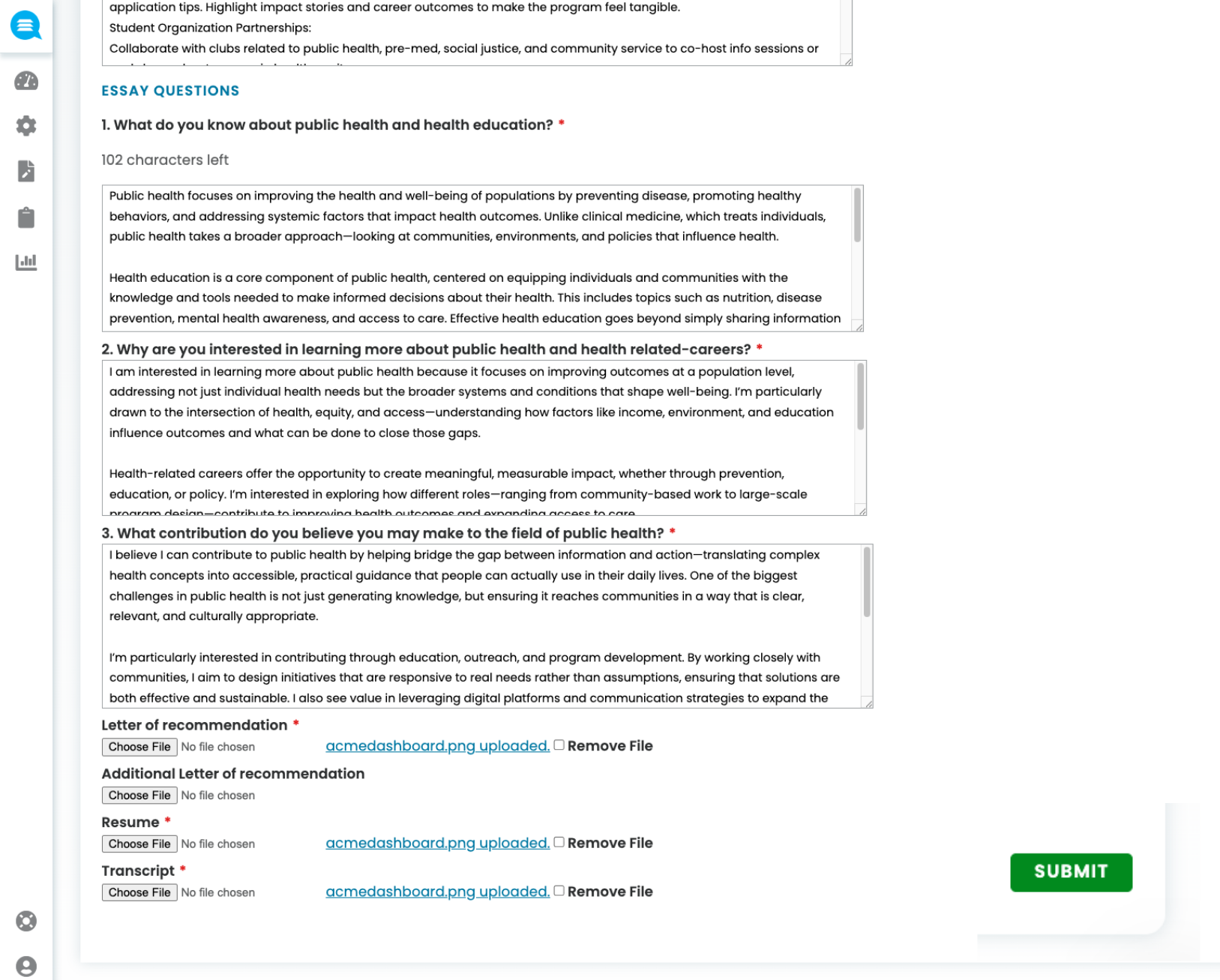 Online fellowship application form with essay questions on public health and health education, plus file upload options for letter of recommendation, resume, and transcript.