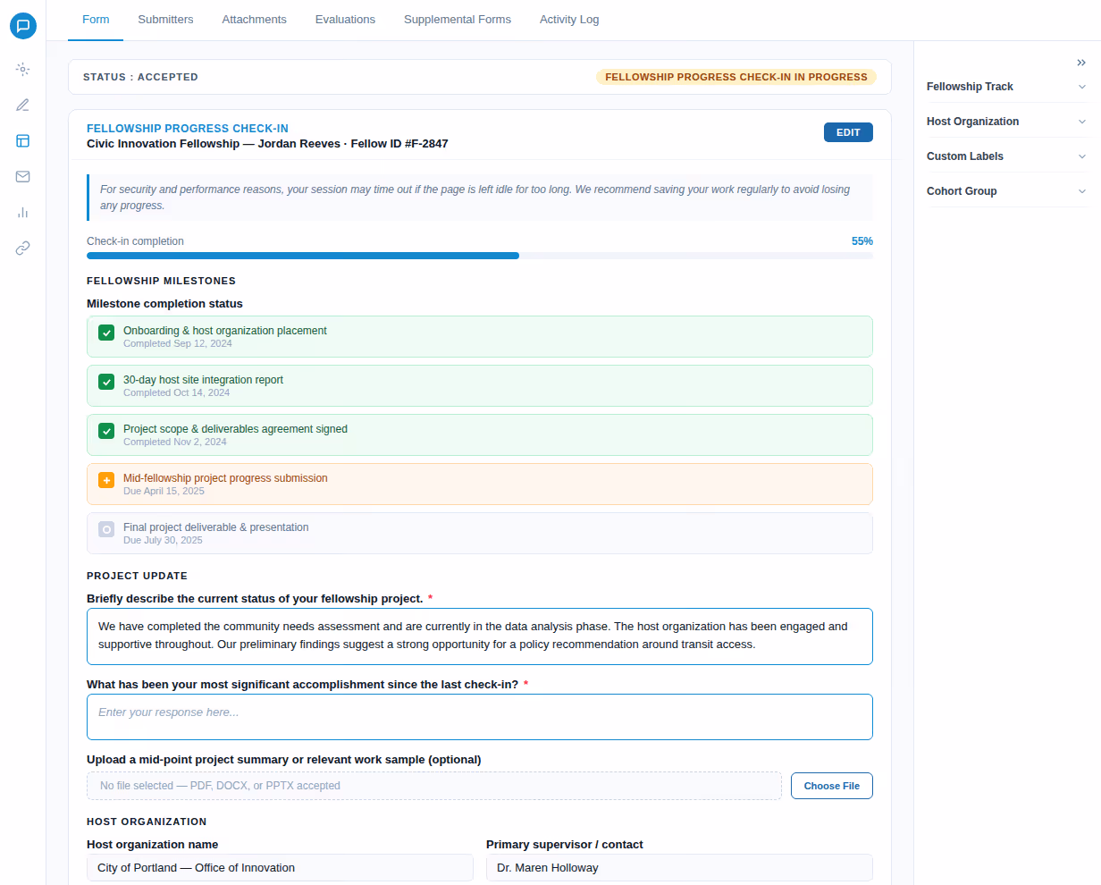 Fellowship progress check-in form showing 55% completion, milestones with onboarding, host site report, and agreement completed, and project update describing community needs assessment phase.