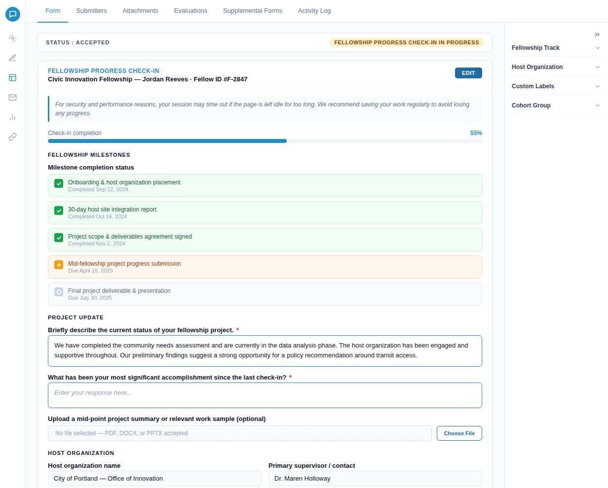 Fellowship progress check-in form showing 55% completion, milestones with onboarding, host site report, and agreement completed, and project update describing community needs assessment phase.