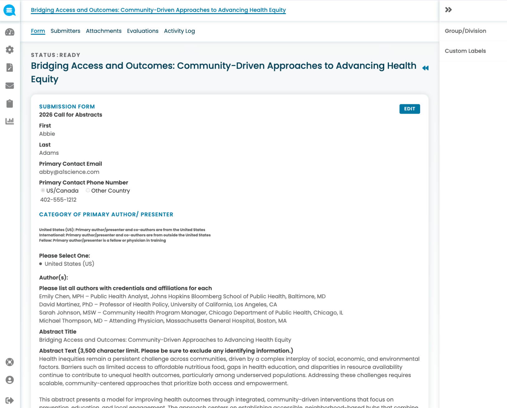 Submission form for 2026 Call for Abstracts titled 'Bridging Access and Outcomes: Community-Driven Approaches to Advancing Health Equity,' showing author details, category selection, author list with credentials, and abstract text input.
