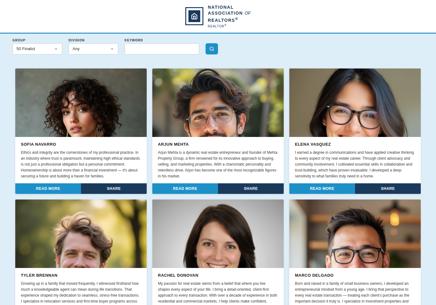National Association of Realtors award showcase webpage featuring headshots and biographies of Six semifinalists: Sofia Navarro, Arjun Mehta, Elena Vasquez, Tyler Brennan, Rachel Donovan, and Marco Delgado.