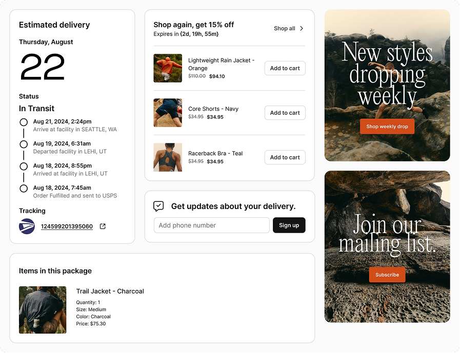 Redo customer order tracking page with live tracking and one click upsells.