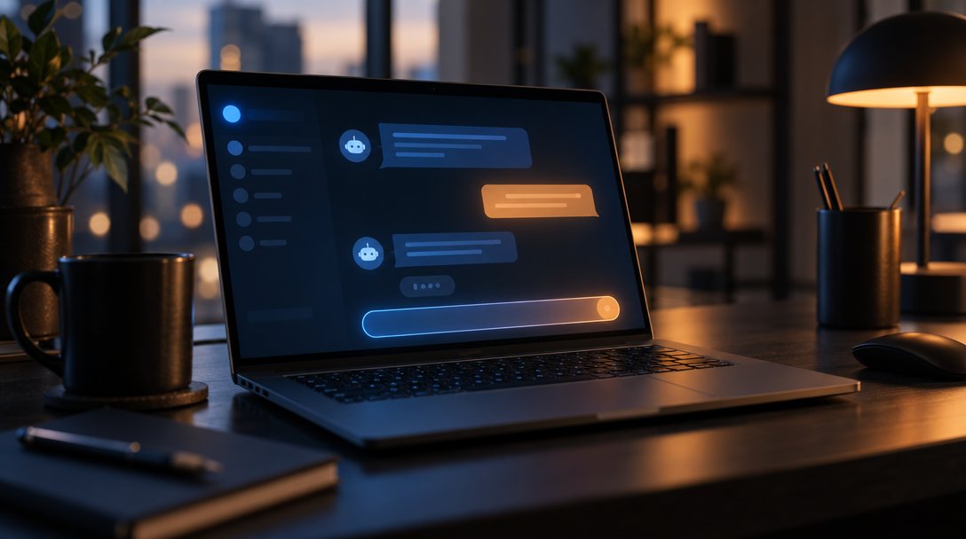 Laptop on a dark desk showing an AI chat assistant interface with a glowing input bar