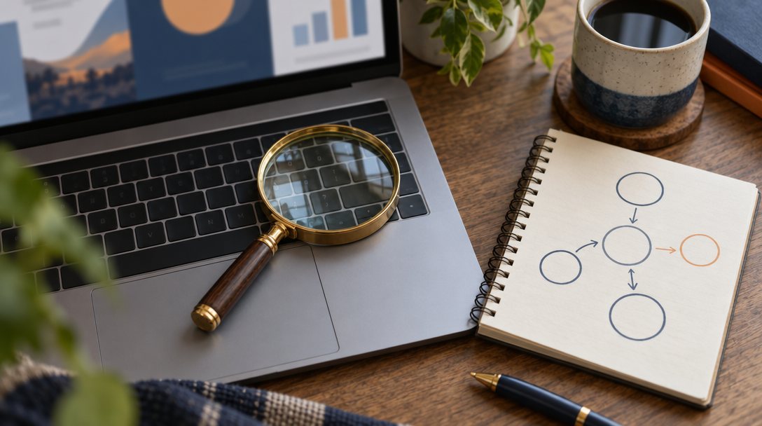 Magnifying glass resting on a laptop keyboard next to a notebook with a hand drawn flow diagram