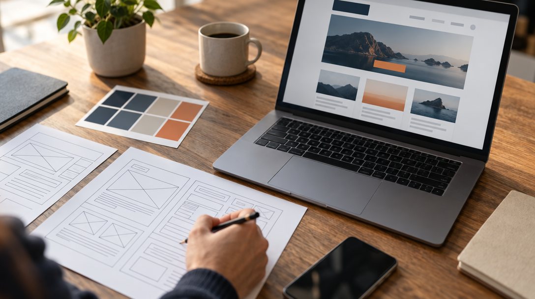 Web designer's desk with paper wireframe sketches, a pencil, a color swatch card and a laptop showing a website layout