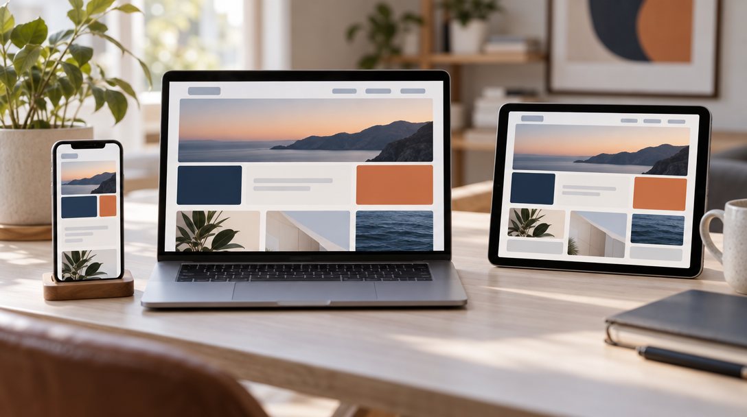 Smartphone, tablet and laptop on a desk showing the same responsive website layout