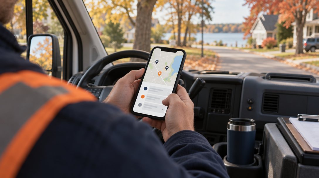 Hands holding a smartphone showing a map with location pins inside a work van on a residential street