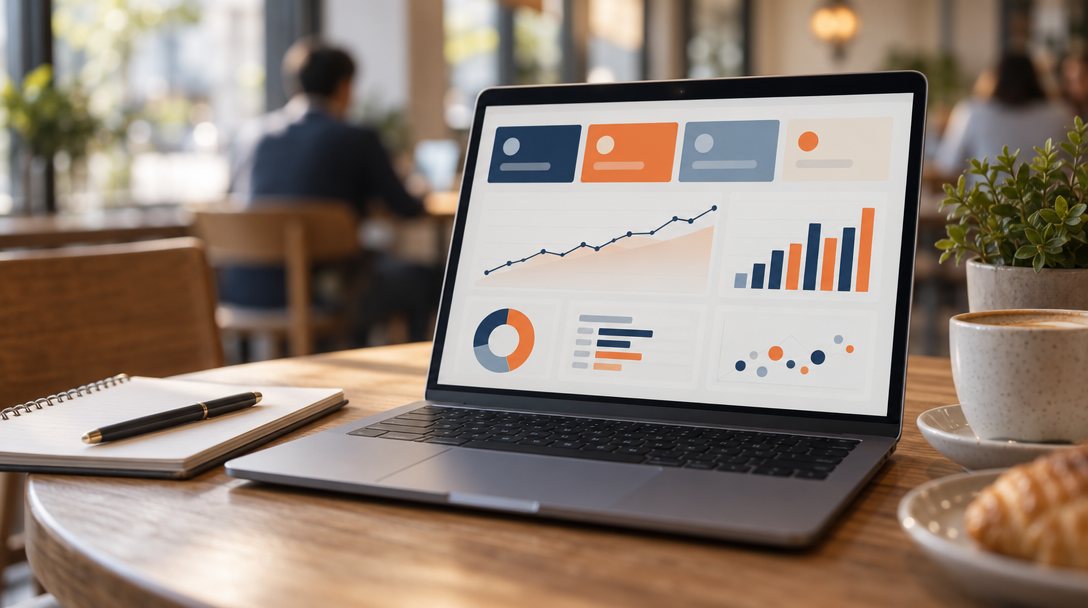 Laptop on a cafe table showing an advertising performance dashboard with charts trending upward