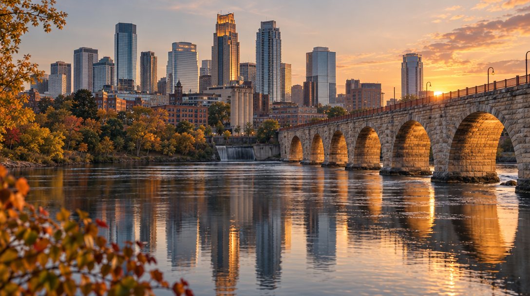 Minneapolis skyline at golden hour across the Mississippi River with the Stone Arch Bridge in the foreground