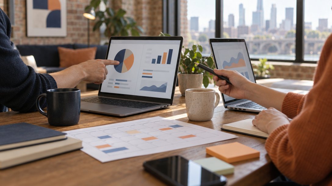 Marketing team table in a bright loft office with laptops showing charts and a color coded calendar