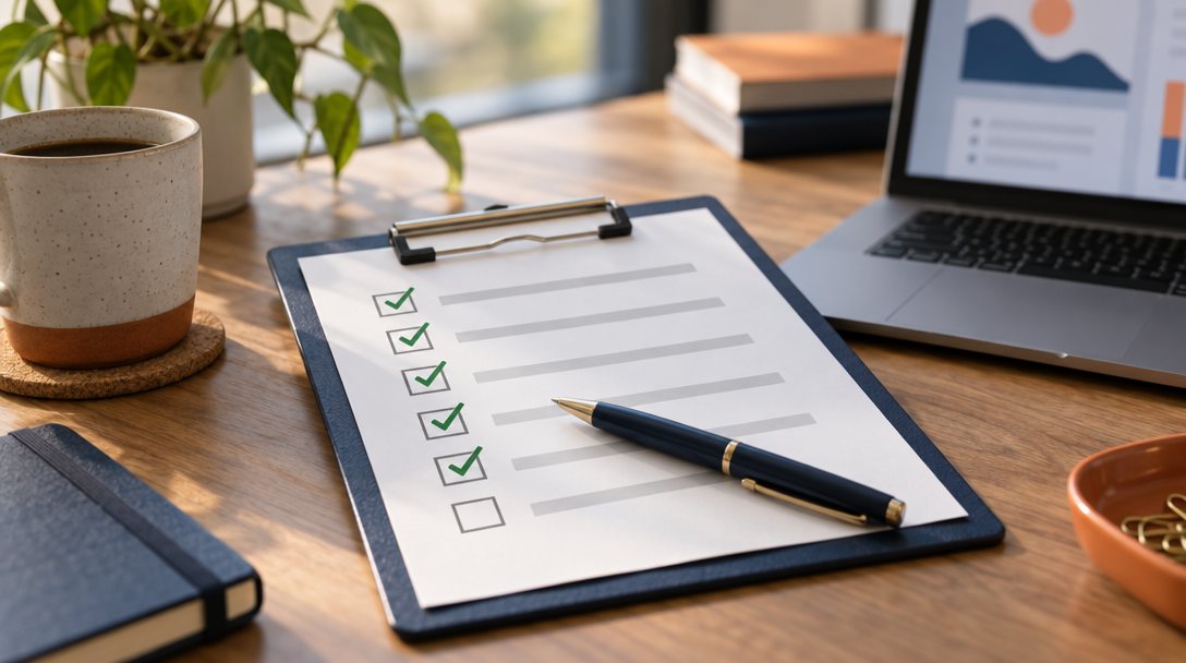 Clipboard with a printed checklist of boxes marked with green check marks and a pen