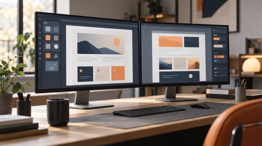 Two monitors on a minimalist desk showing a visual website builder interface with layout blocks
