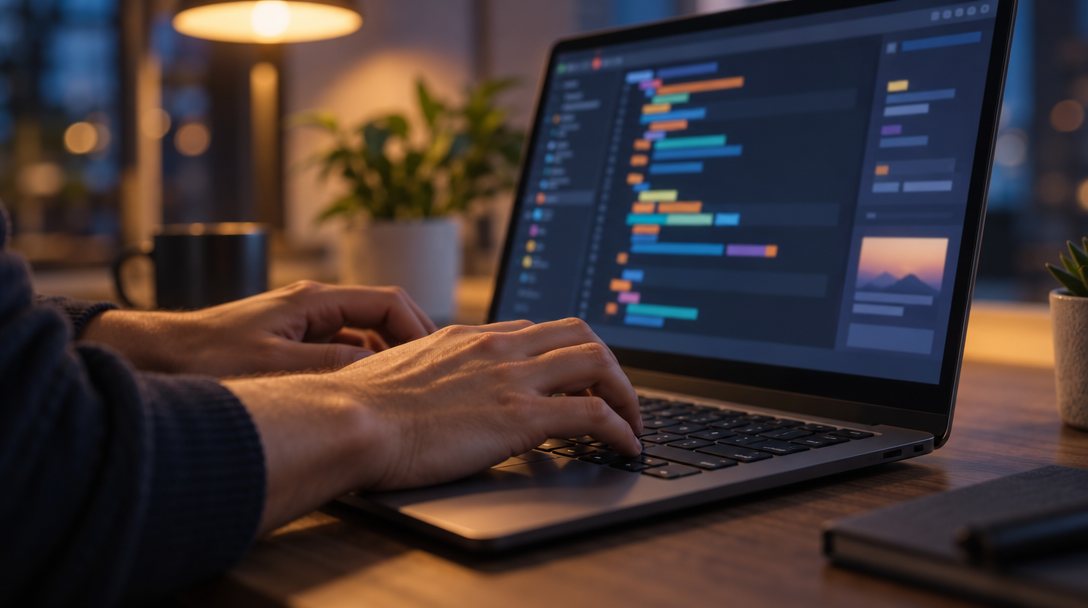 Hands typing on a laptop with a colorful code editor on the screen behind them