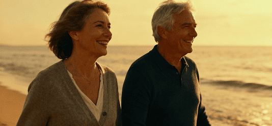Smiling older couple with no coverage, walking on a beach at sunset.