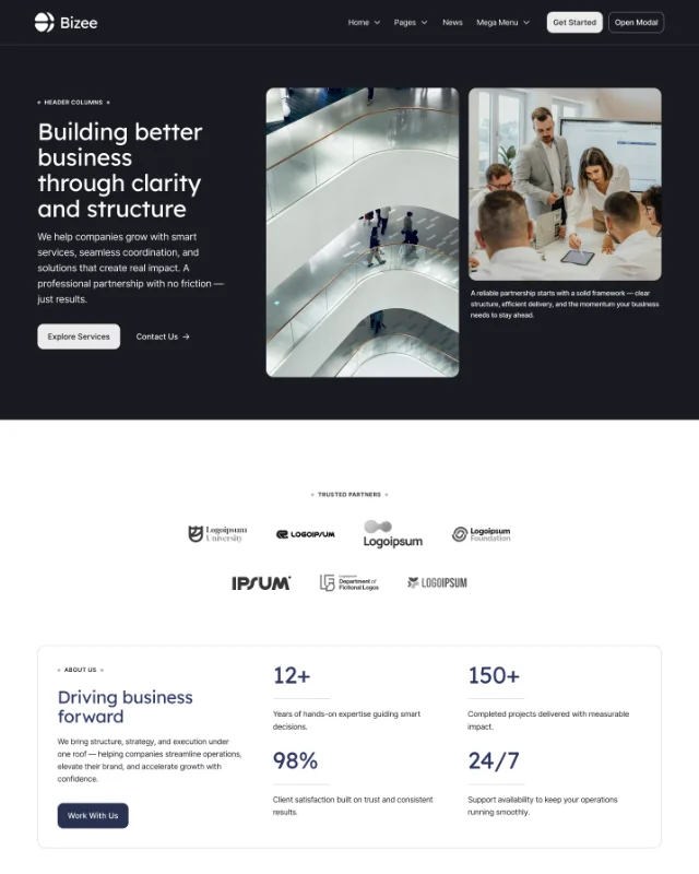 Four business professionals standing in a circle discussing papers and a tablet in a bright office space with adjacent text about company clarity, purpose, impact in numbers, and service highlights.