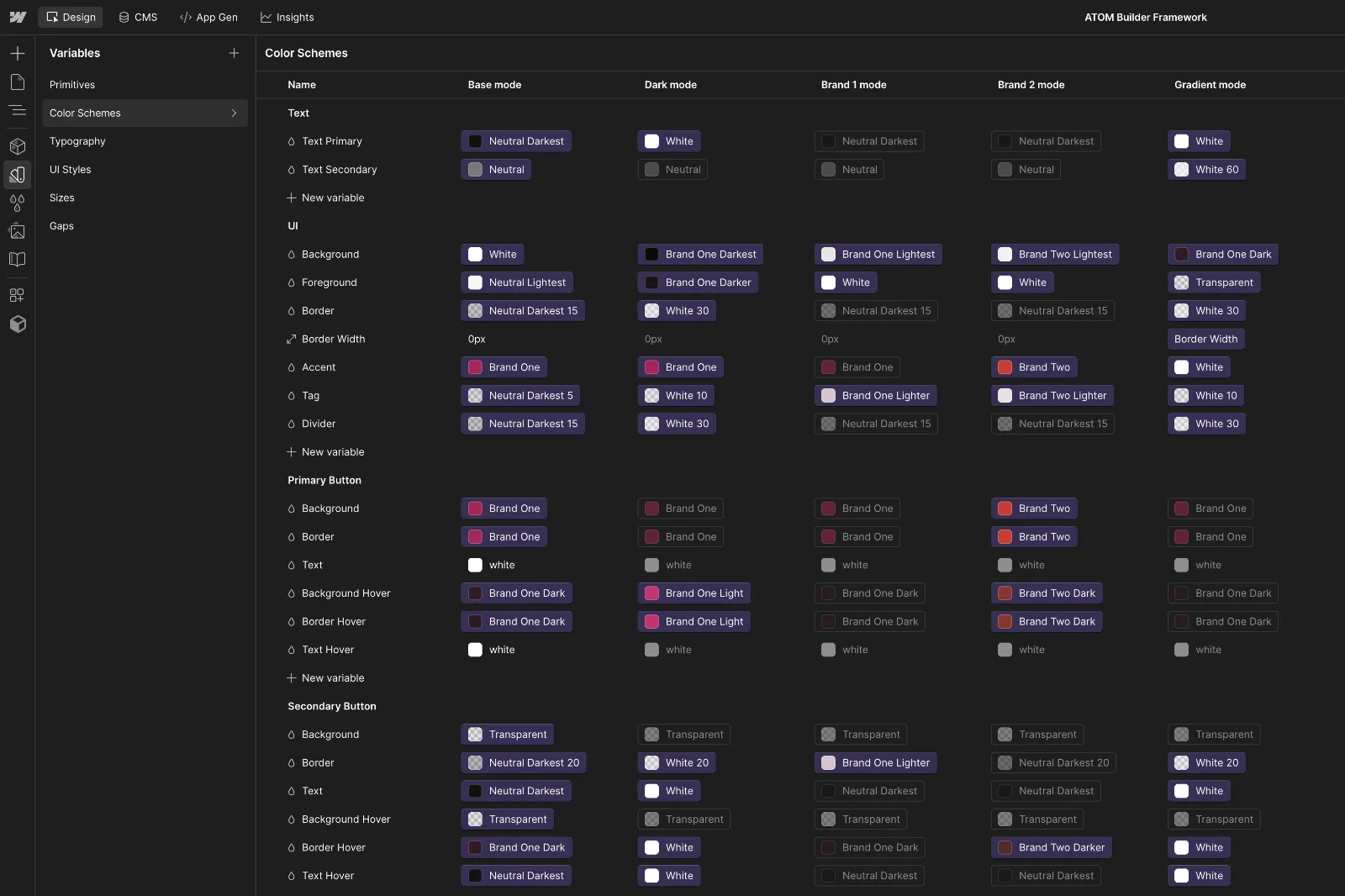 User interface of a design tool showing variables panel with color schemes for text, UI, primary and secondary buttons in base, dark, brand 1, brand 2, and gradient modes.