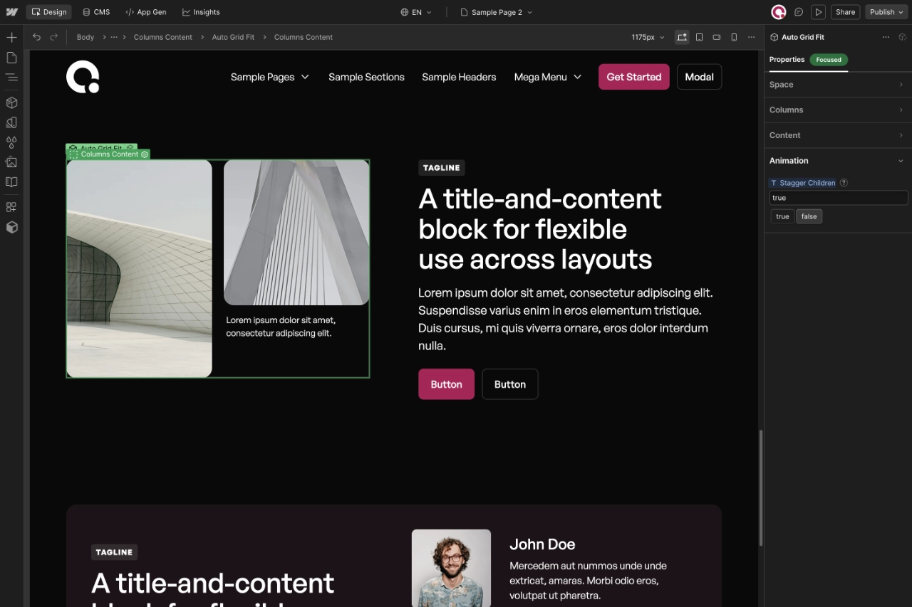 Website design interface showing a content block with architectural images, title, description, and buttons in a dark-themed editor.