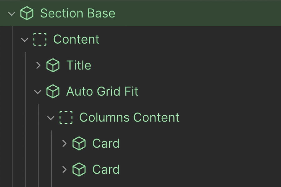 Hierarchical structure showing Section Base expanded with nested Content, Title, Auto Grid Fit, Columns Content, and two Card items.