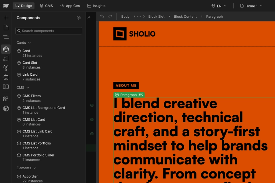 Screenshot of a design interface showing a sidebar with components and CMS elements, and a canvas with SHOLIO branding and partial bold text about blending creative direction, technical craft, and a story-first mindset.