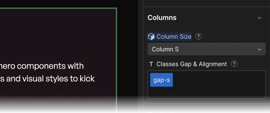 User interface panel showing column settings with a dropdown for 'Column Size' set to 'Column S' and a text field labeled 'Classes Gap & Alignment' containing 'gap-s'.