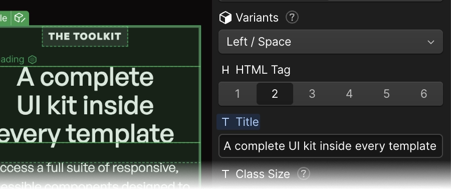 User interface displaying text editing options with heading text 'A complete UI kit inside every template' and HTML tag selection highlighting H2.