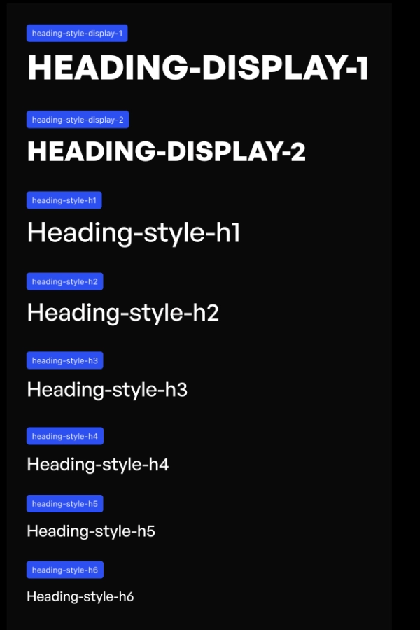 Typography styles showing heading-display-1 and -2 in bold white text and heading-style-h1 to h6 in descending font sizes on black background.