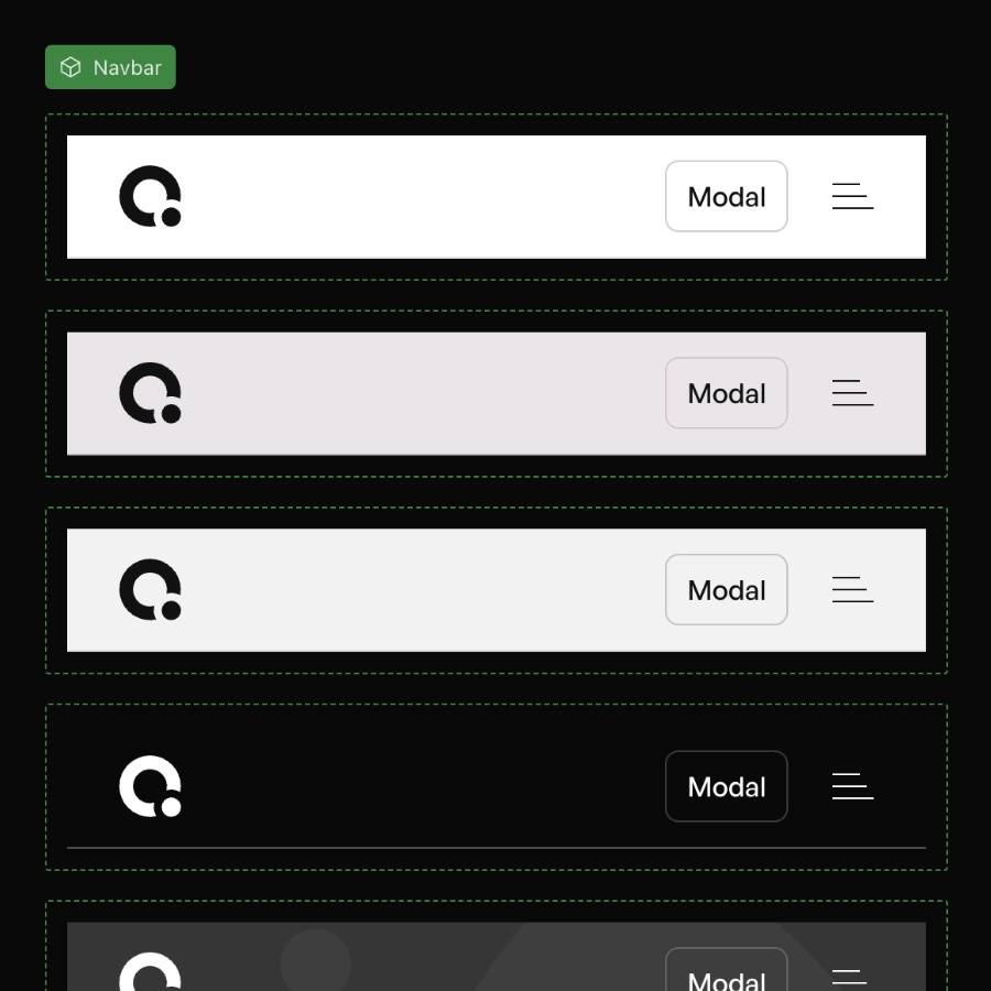 Five versions of a navbar showing a circular logo on the left, a 'Modal' button in the center-right, and a hamburger menu icon on the far right with varying background colors.