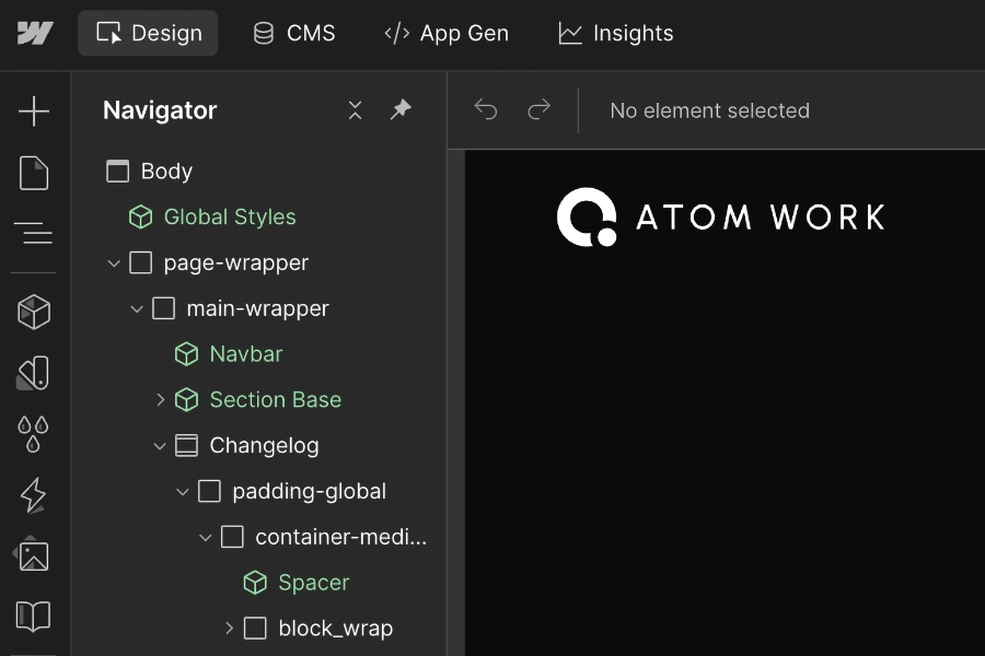 Screenshot of a dark-themed web design interface showing a Navigator panel with nested elements and the logo 'ATOM WORK' on a black canvas.