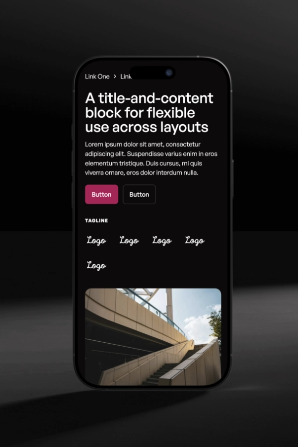Smartphone screen displaying a title-and-content block with a headline, placeholder text, two buttons, five logo placeholders under the heading 'TAGLINE,' and a photo of outdoor stairs and a walkway.