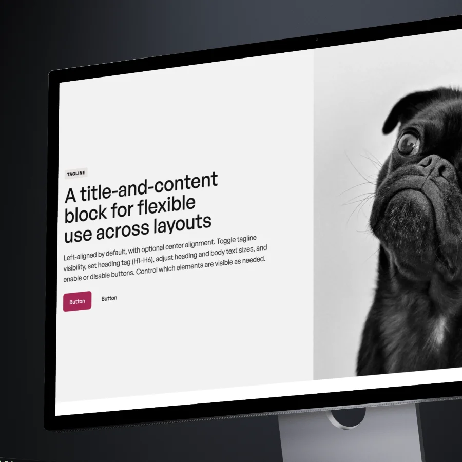 Computer screen displaying a website layout with a title and content block on the left and a black pug dog image on the right.