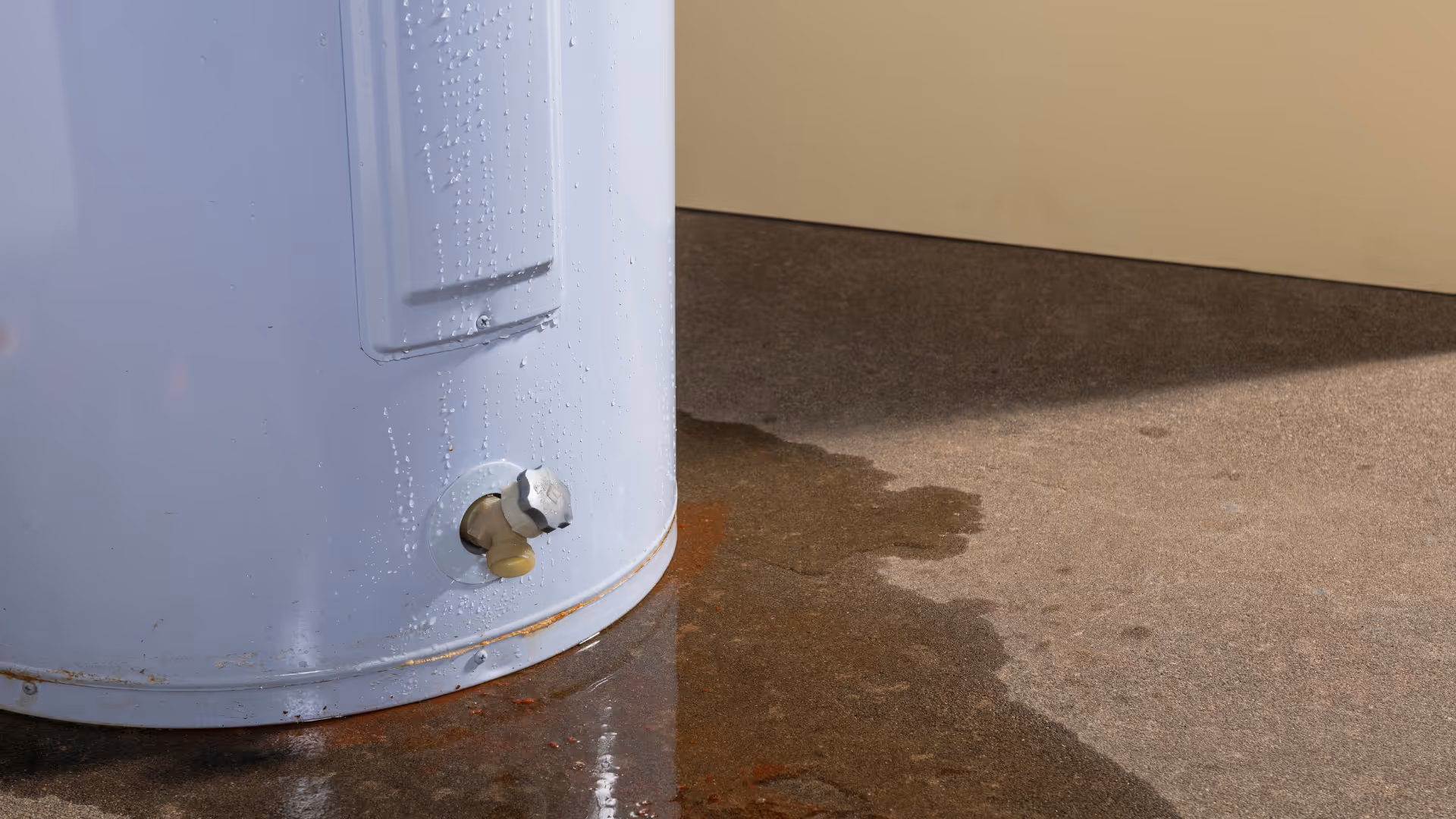 Close-up of a leaking water heater with water pooling on the floor around its base.