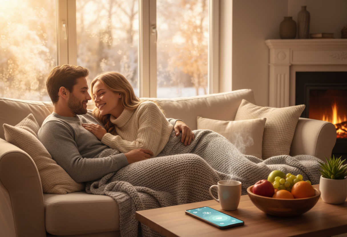 couple cuddling on a couch