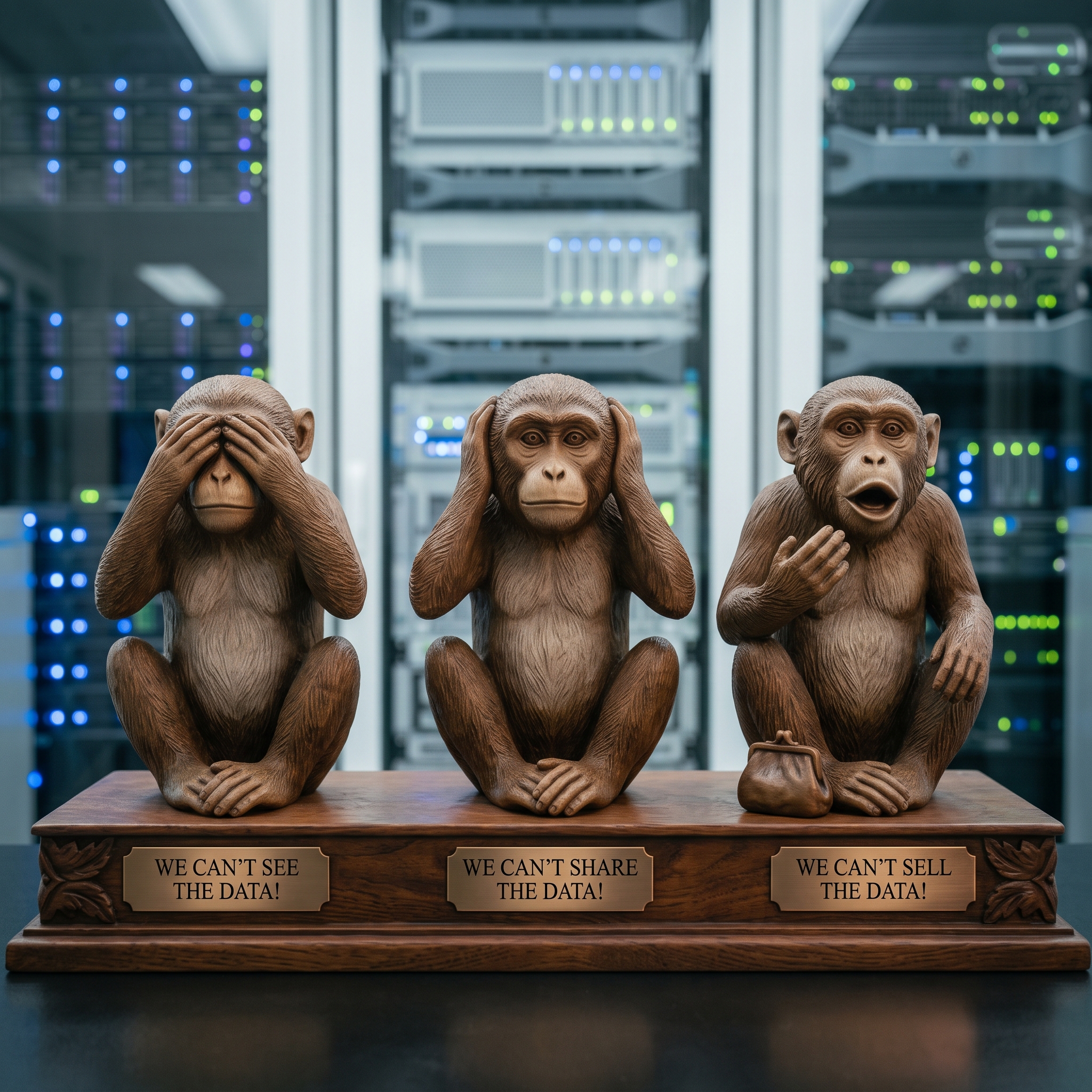 Three wooden statues of monkeys in front of server racks, depicting the see-no-evil, hear-no-evil, speak-no-evil poses, with plaques reading: 'We can't see the data!', 'We can't share the data!', and 'We can't sell the data!' respectively.