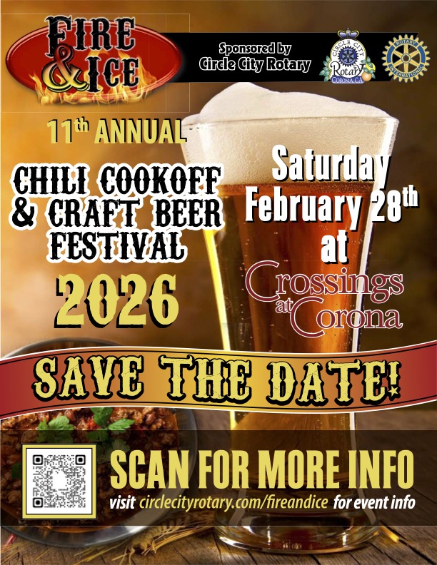 Flyer for the 11th Annual Fire & Ice Chili Cookoff & Craft Beer Festival 2026, sponsored by Circle City Rotary, happening Saturday, February 28th at Crossings at Corona, with a beer glass and chili bowl background and QR code for more info.