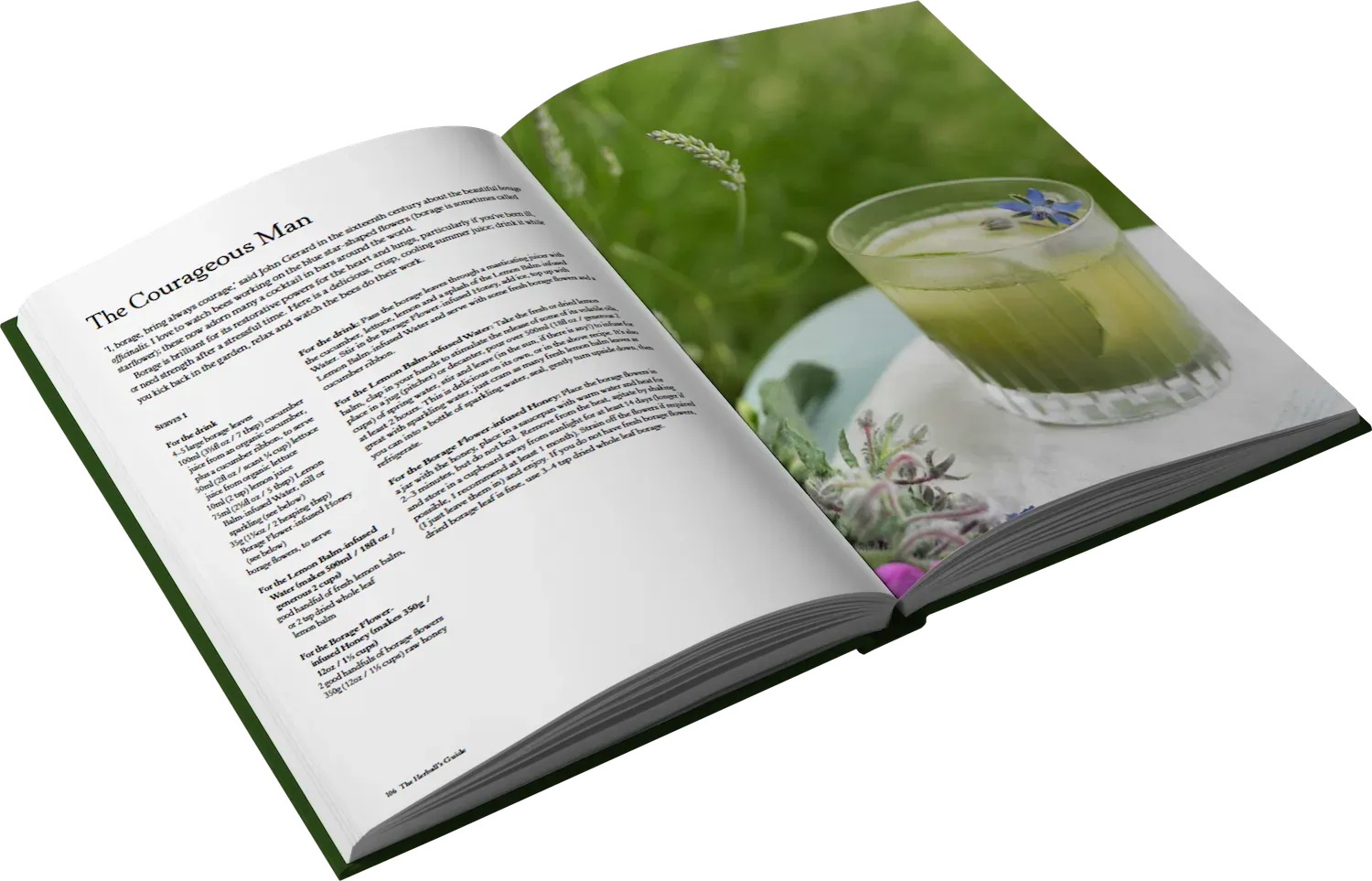 A book with a picture of a glass of green tea