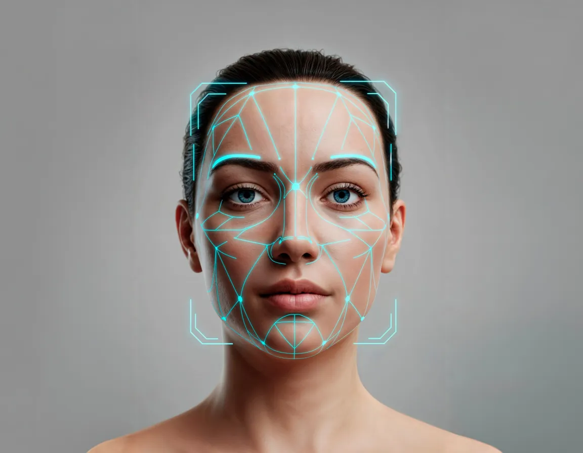 Woman's face with blue facial recognition digital lines overlay on a neutral gray background.