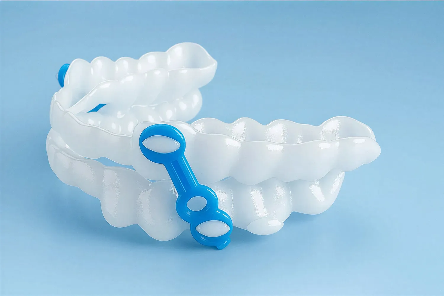 Clear dental aligners with a blue plastic removal tool on a light blue background.