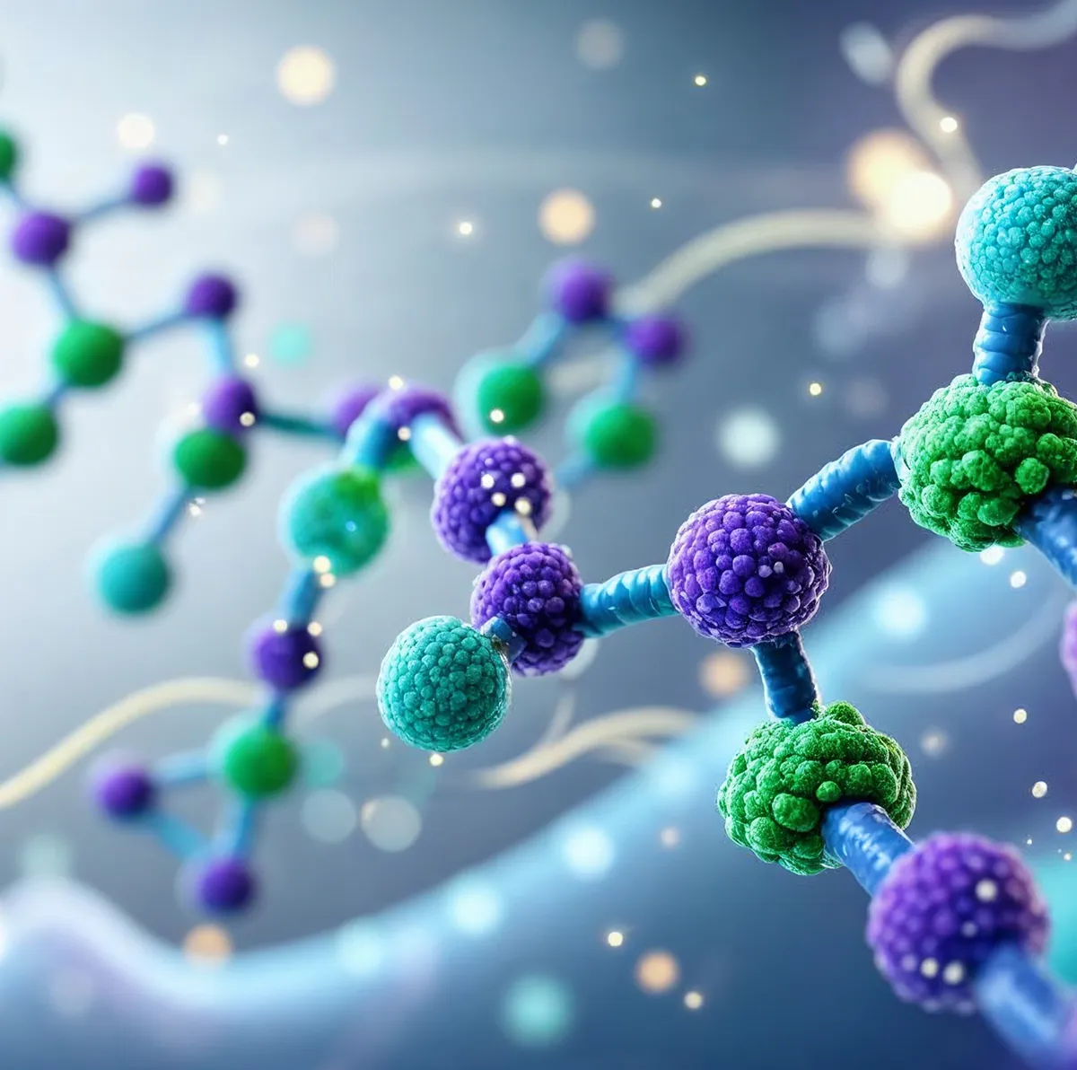 3D illustration of a molecular structure with interconnected green and purple spherical atoms linked by blue bonds.