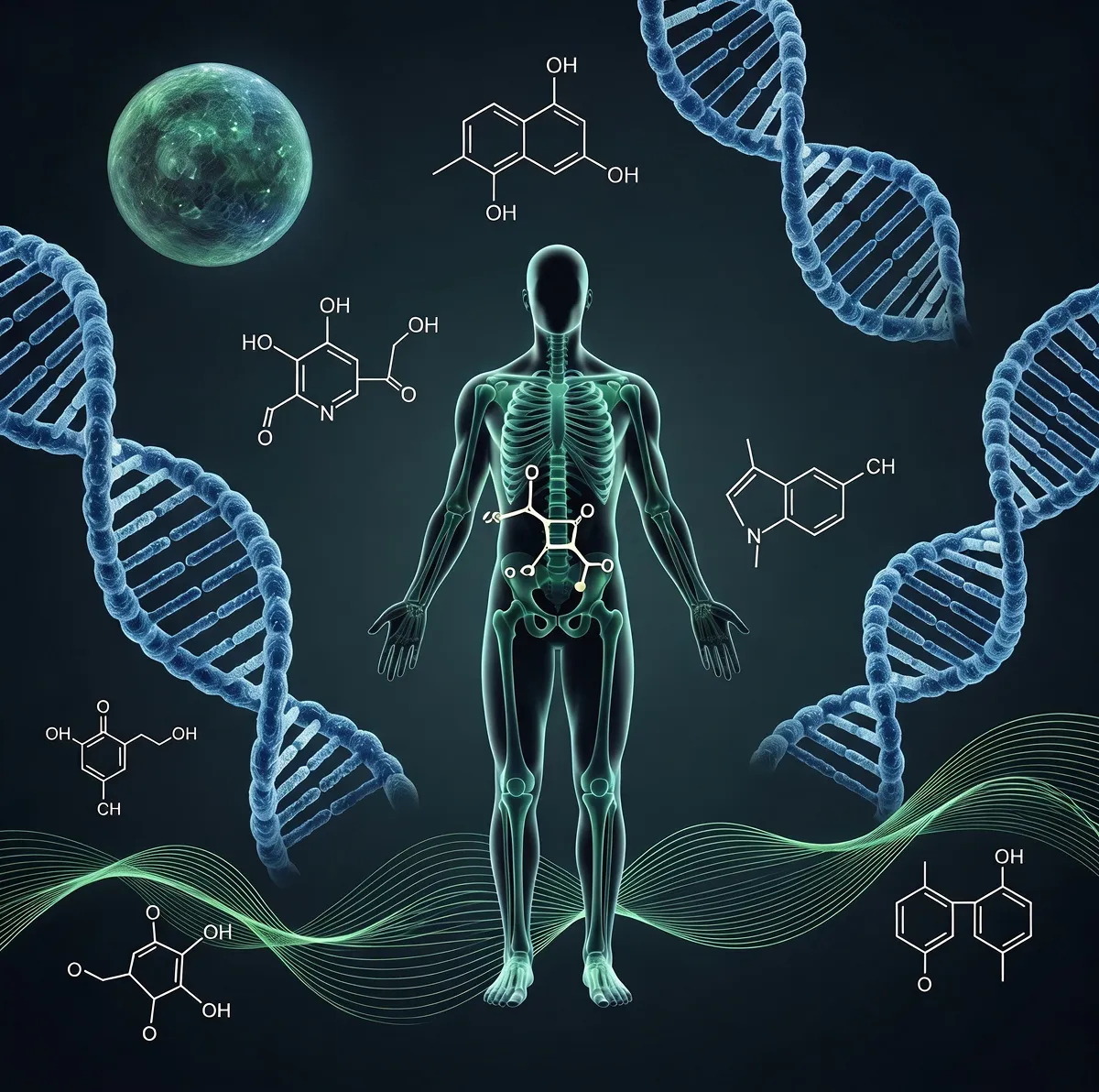 Digital illustration of a transparent human skeleton framed by double helix DNA strands and several chemical molecular structures.
