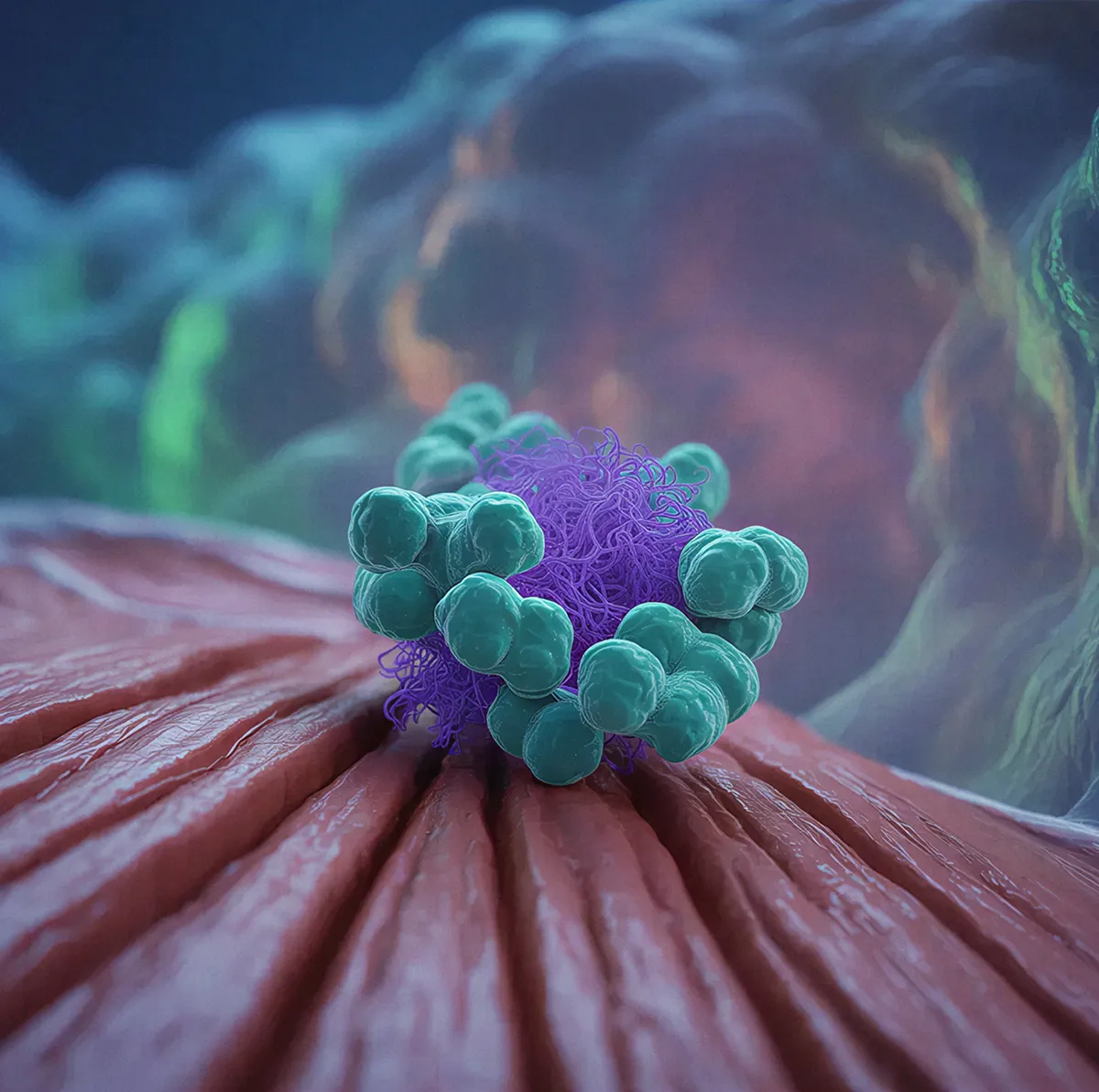 3D illustration of a molecular structure with turquoise spherical and a tangled purple filament on a textured reddish surface.
