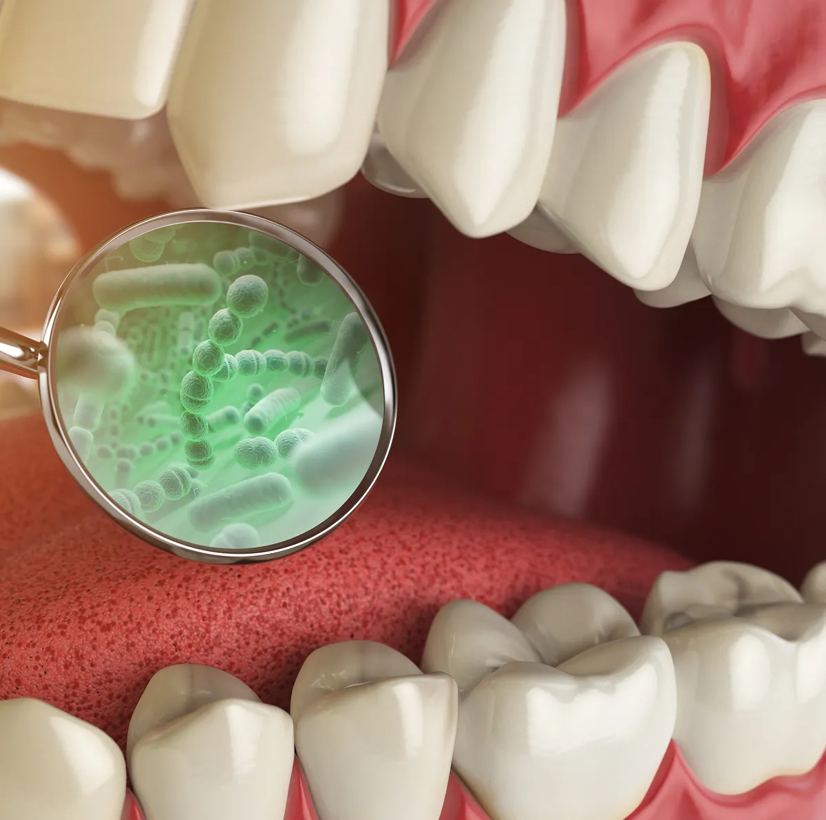 Close-up of open mouth with teeth and tongue showing magnified green bacteria viewed through a dental mirror.