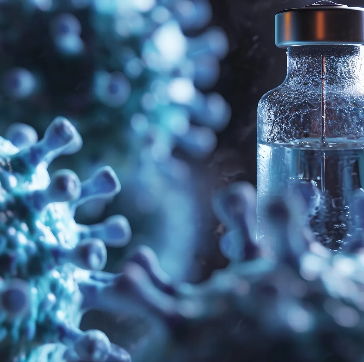 Close-up of a vaccine vial surrounded by blue coronavirus particles.